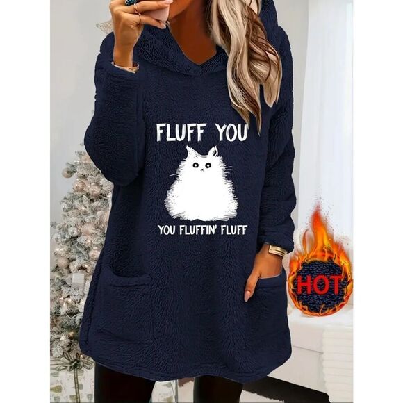 NWT XXL Navy Blue White Cat “YOU FLUFFING FLUFF Teddy Hoodie Pockets Sweatshirt - Picture 1 of 9